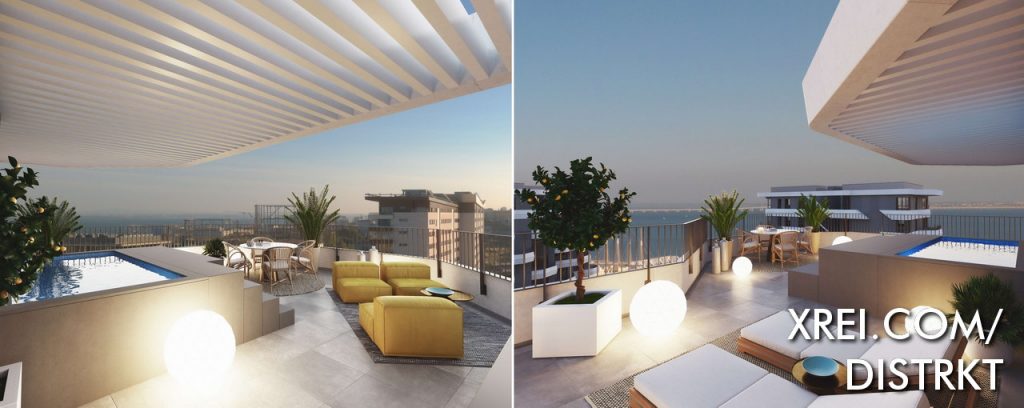 Os apartamentos dispõem de espectaculares terraços com solário e zona de piscina com áreas que variam entre os 9m2 e os 37m2, com vistas sobre a cidade e o rio Tejo.