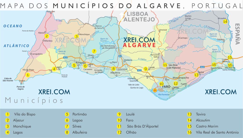 Mapa de los 16 municipios de la región de Faro, Algarve en el sur de Portugal