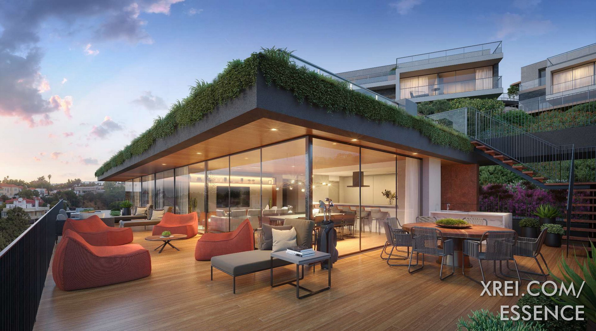 In der Essence Eigentumswohnung gibt es Penthouse-Wohnungen in den verschiedenen Blöcken, mit Terrasse und fantastischem Blick auf die Hügel und das Meer im Hintergrund, mit Terrasse und Outdoor-Lounge