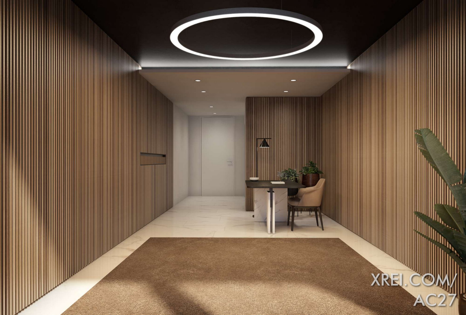 A entrada é elegante e sóbria. Os apartamentos do edifício AC27 estão equipados com porteiro com vídeo porteiro, vãos exteriores com caixilharia em alumínio anodizado termocortado com vidros duplos, porta de segurança na entrada.