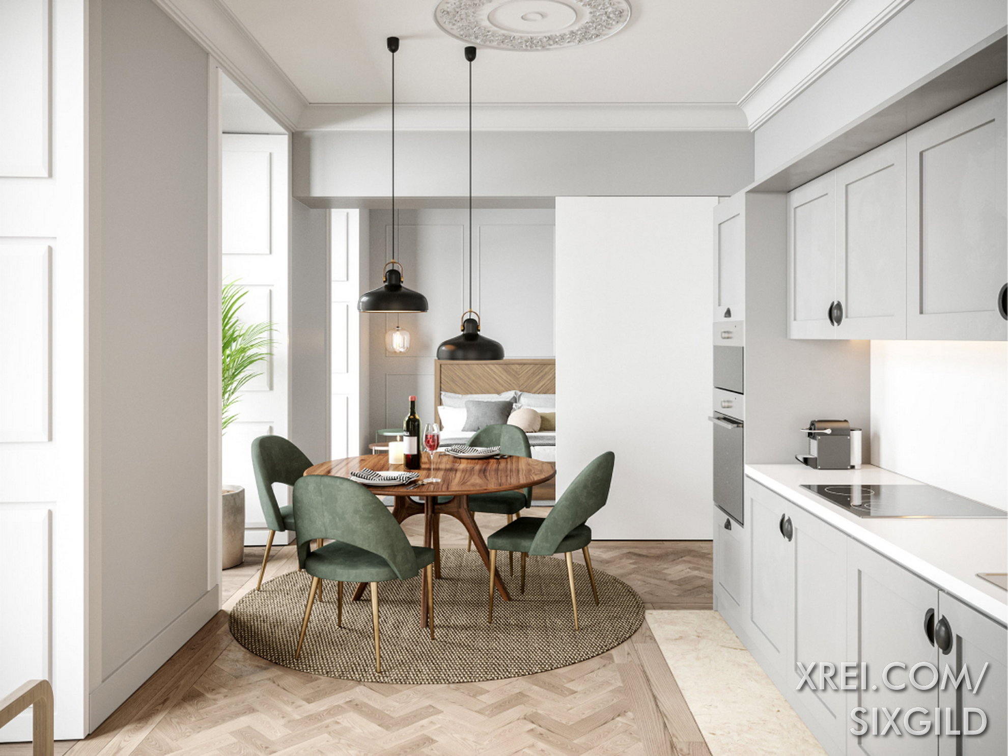 Esszimmer mit Decken mit Zierleisten aus Gipskarton. Die Küchen sind ausgestattet mit Elektrogeräten, Kühlschrank und integriertem oder separatem Gefrierfach, integrierter Spülmaschine, Waschmaschine und Trockner, Glasherd, Mikrowelle, integriertem Schwarzglasofen.