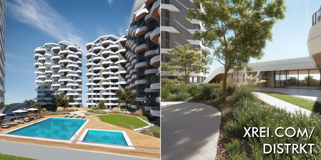 In the common areas of the Distrikt we find two swimming pools and a garden area raised in relation to the street.