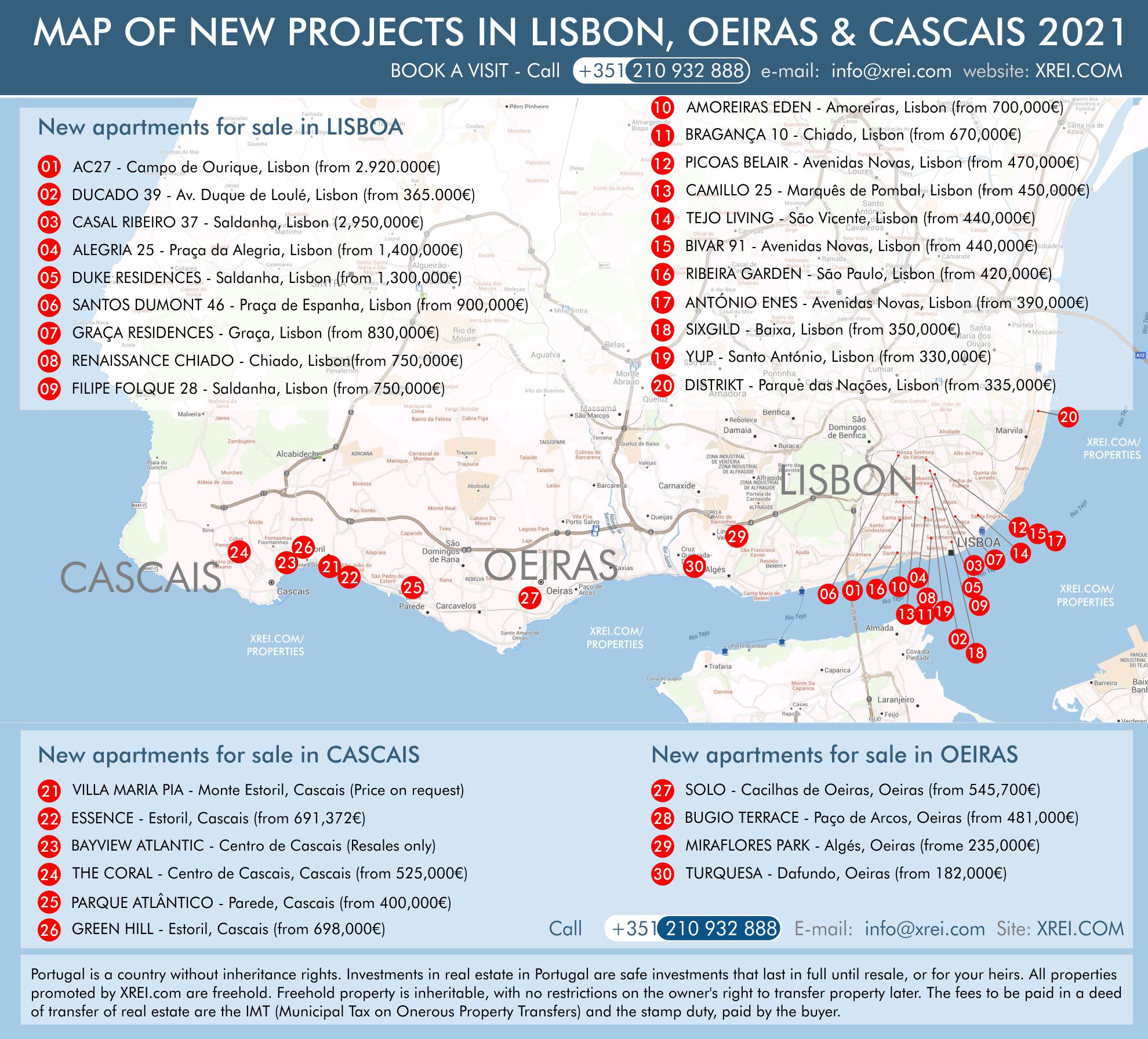 Map of new apartments for sale in condominiums with swimming pool and residential buildings in Lisbon, Cascais and Oeiras, Portugal.