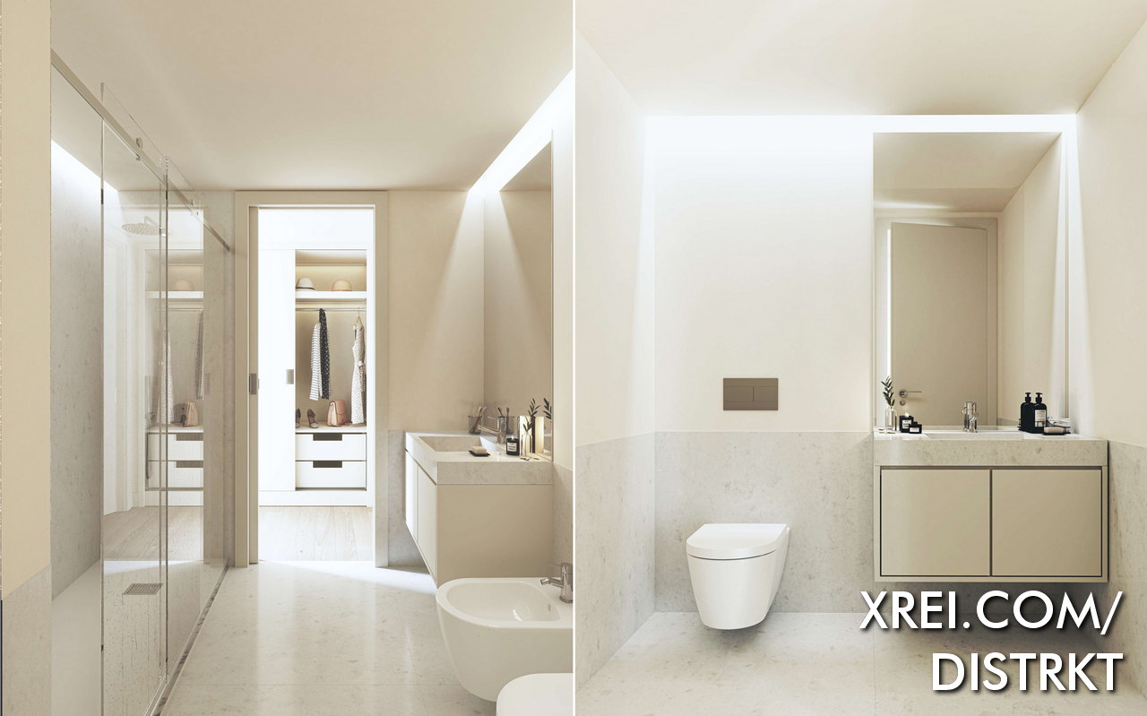 Die sanitären Einrichtungen sind mit weißen Marmor-Naturstein-Arbeitsplatten, mattweiß lackierten MDF-Möbeln und modernen Toiletten ausgestattet.
