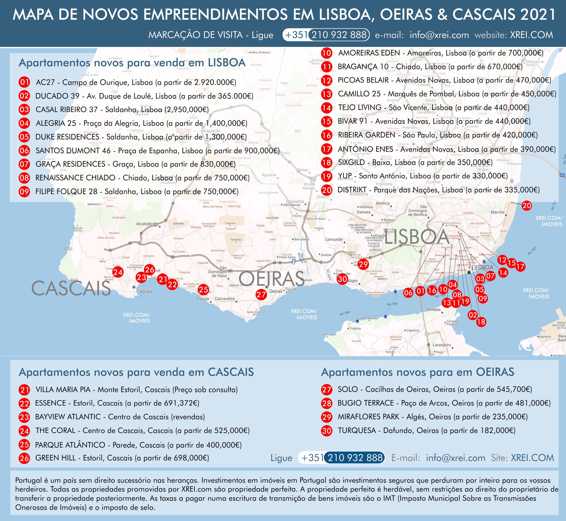 Mapa dos apartamentos novos à venda em condomínios com piscina, e edificios residenciais em Lisboa, Cascais e Oeiras, Portugal.