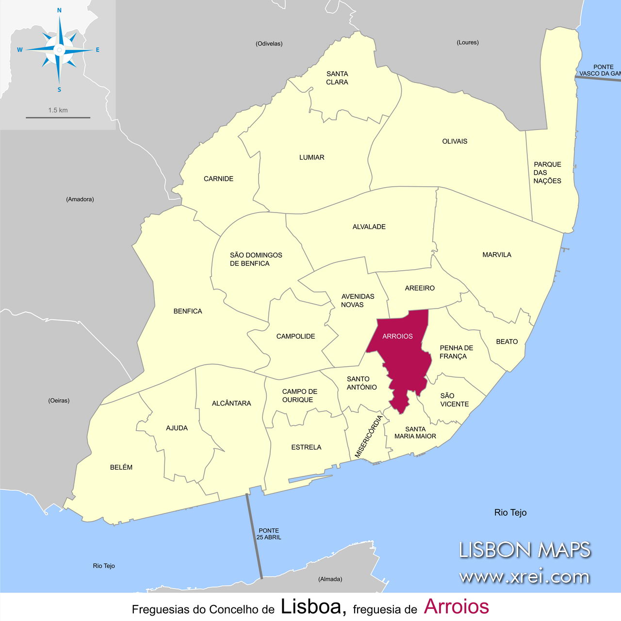 Arroios situado en el mapa de las parroquias de Lisboa.