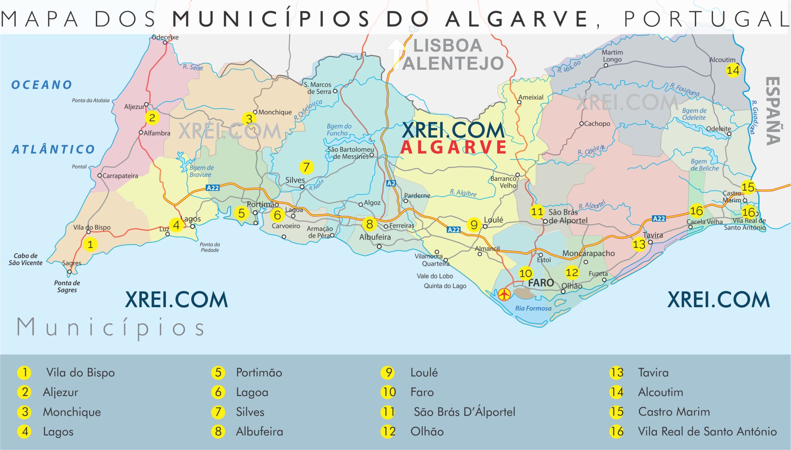Map of the 16 municipalities of the Faro region, Algarve, in southern Portugal