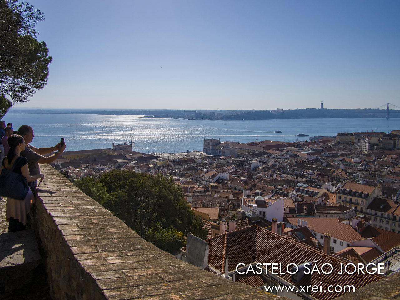 South-west view from the Castelo de São Jorge, with the Tagus River, the 25 de Abril Bridge, the lower city of Lisbon, the boats on the river and the south bank