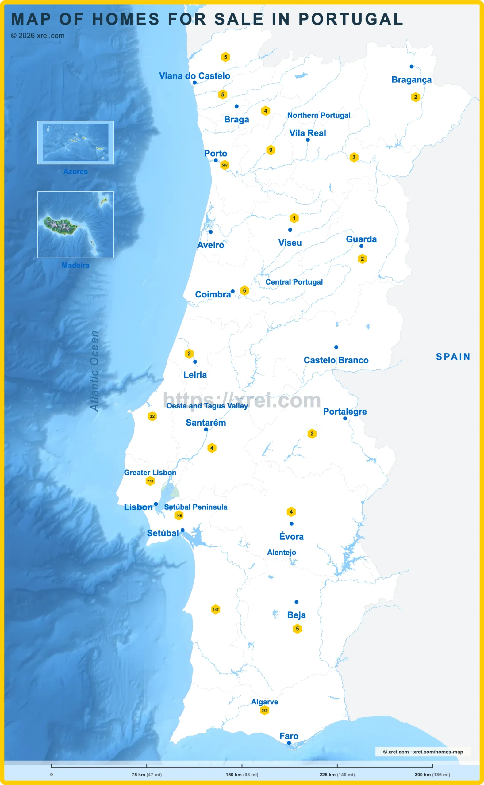 Kaart van woningen te koop in Portugal